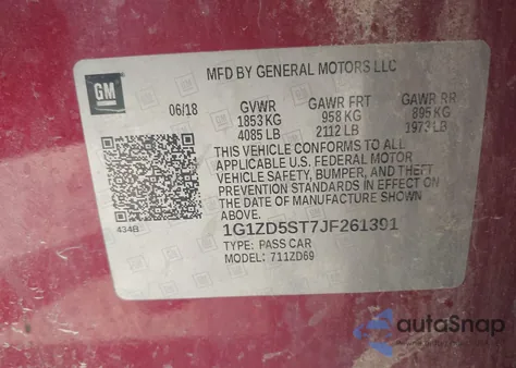 2018 Chevrolet Malibu Lt z USA, uszkodzony, nr VIN 1G1ZD5ST7JF261391